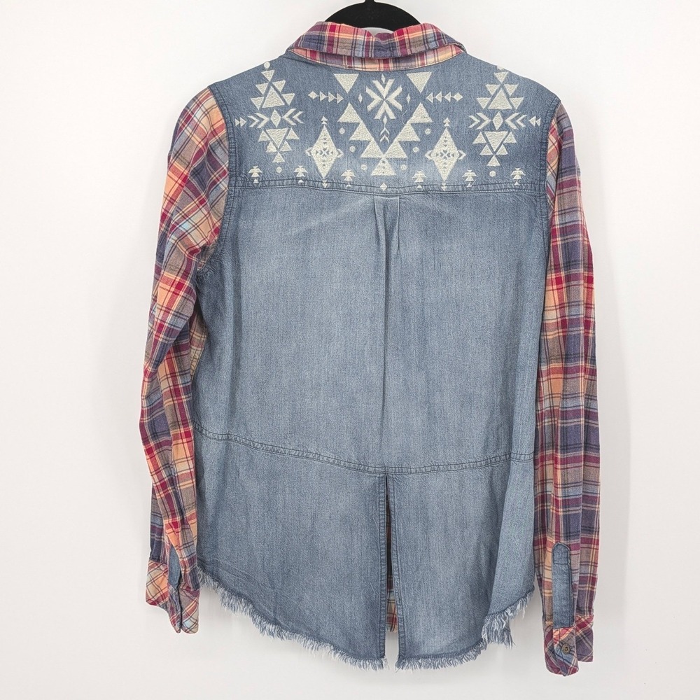 Miss Me Plaid Button Down Shirt Women Small Multicolor Denim Mixed Media Western
